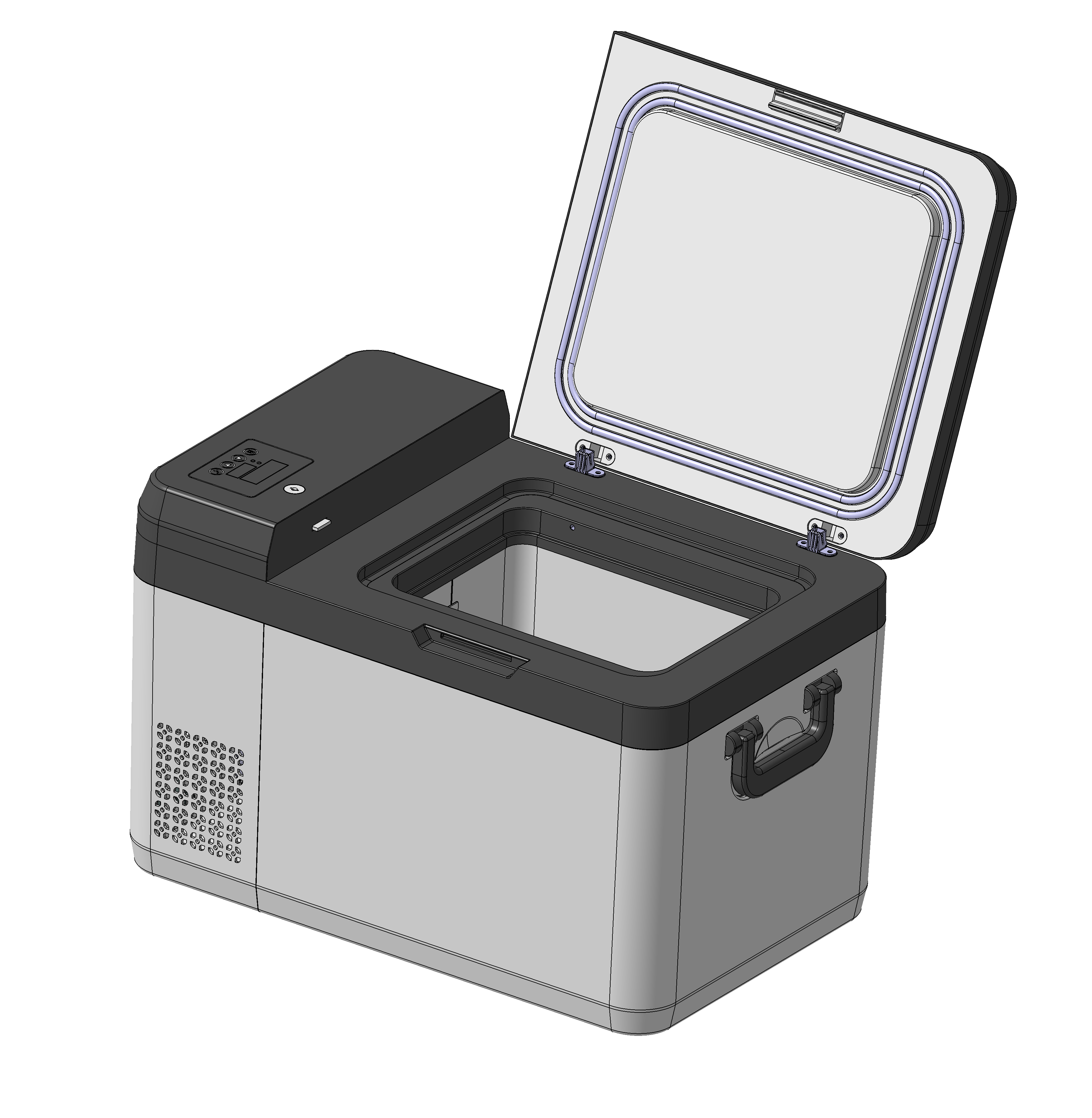 DW-86W13L portable ultra-low temperature freezer with the lid open, showing the insulated chamber