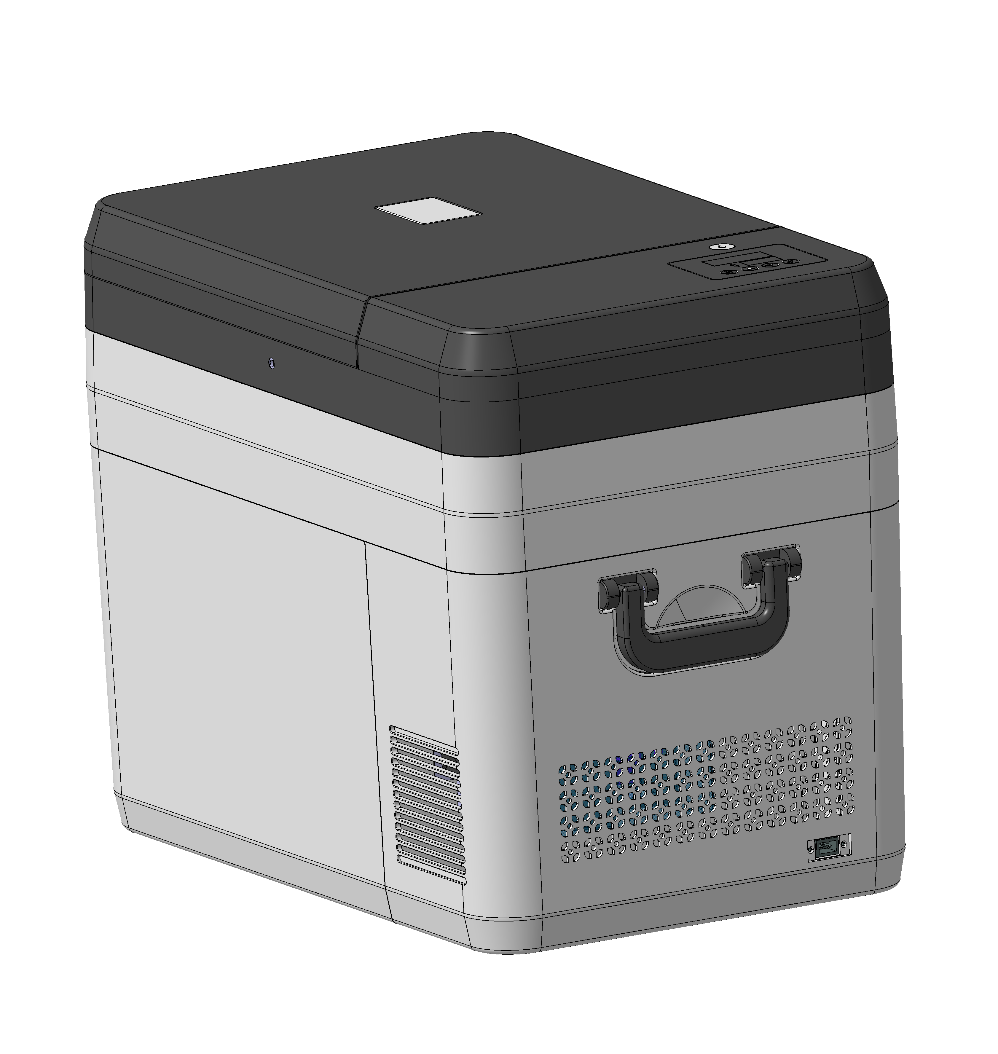 Portable ultra-low temperature freezer shown from an alternate angle, available with custom branding and configuration