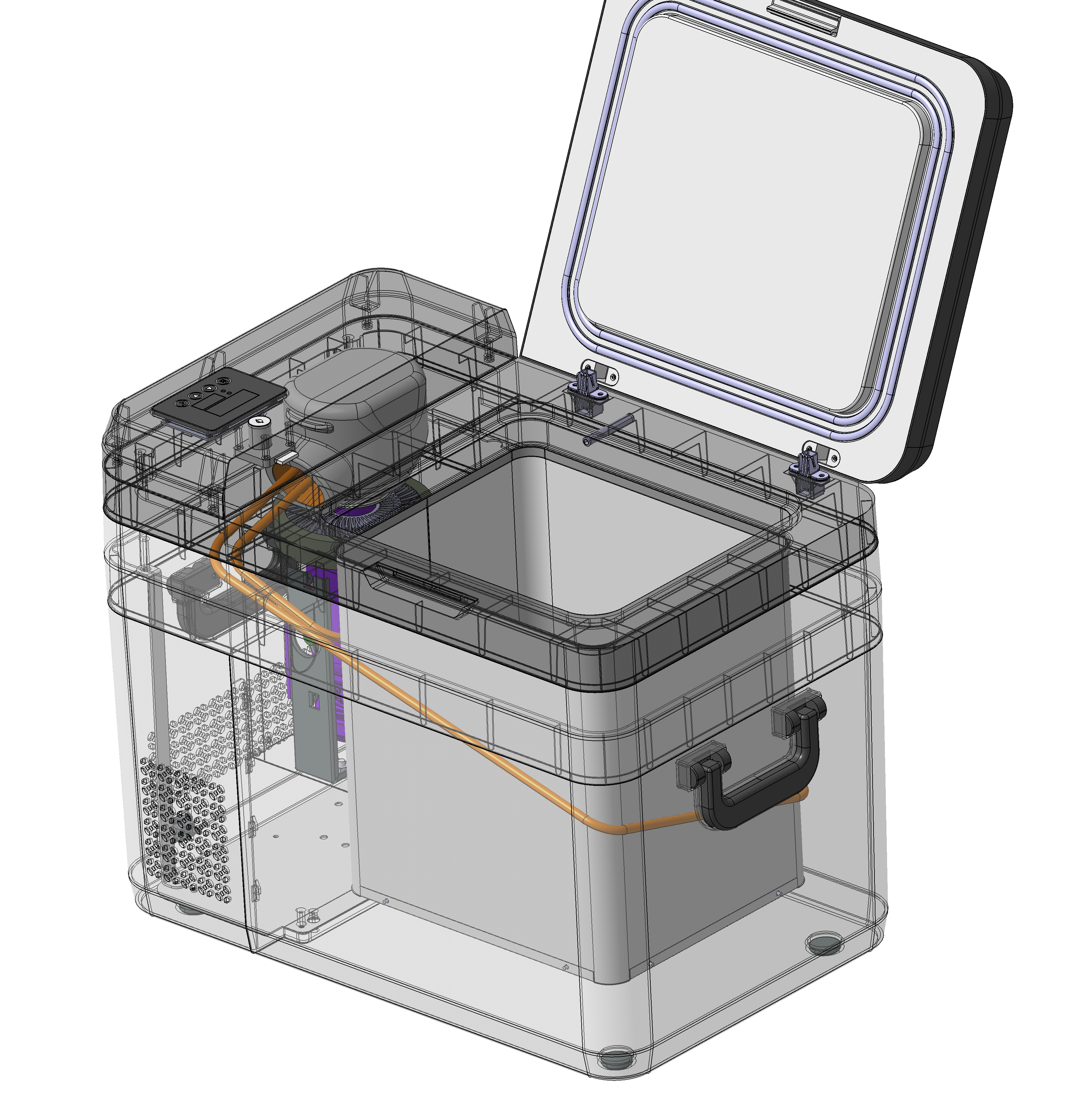 Internal component layout of the portable ultra-low temperature freezer showing the cooling engine, pipework and control panel