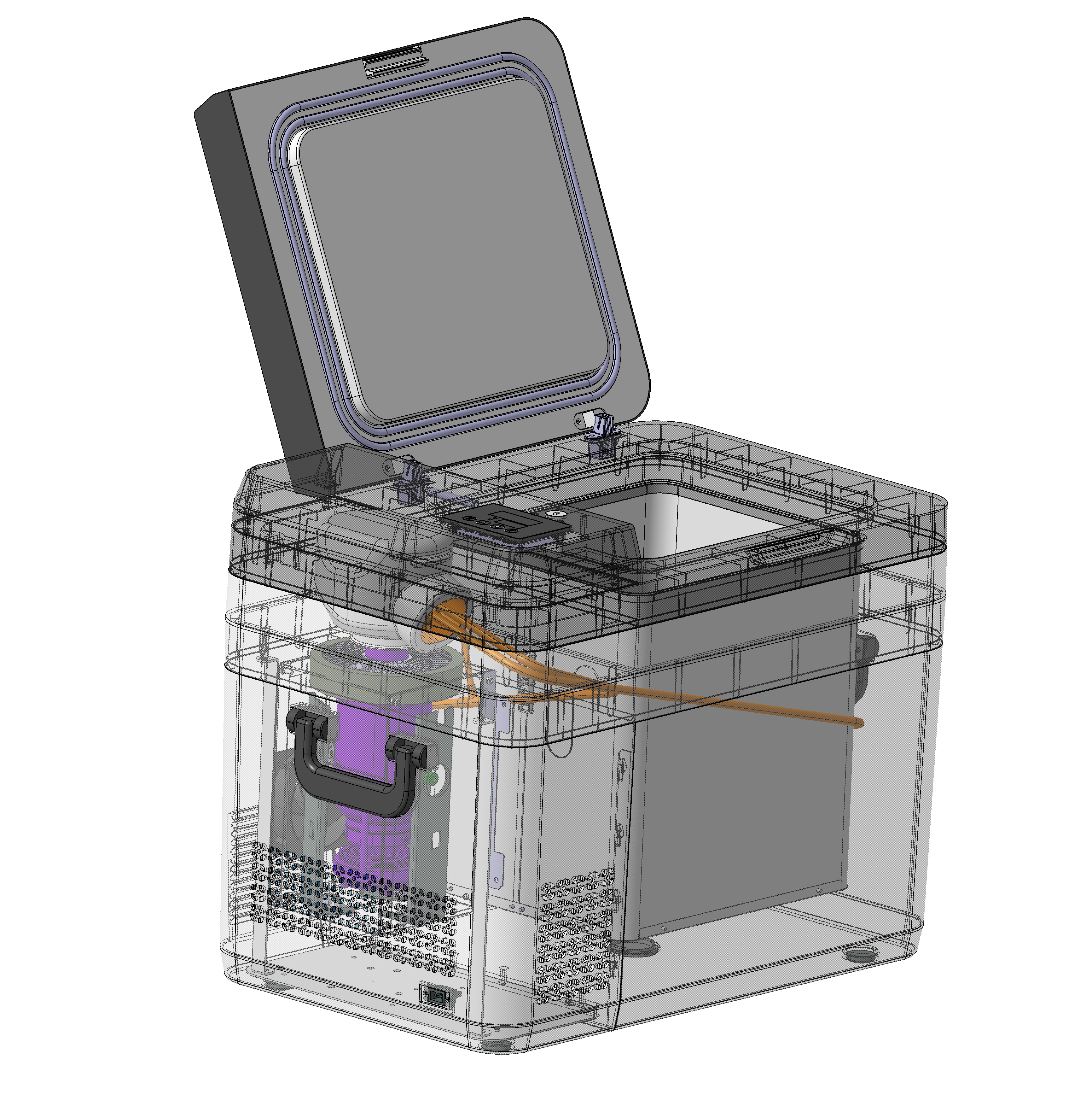 Cutaway view showing the internal layout of the portable ultra-low temperature freezer, including the Stirling cooling engine, thermosiphon and cold wall liner