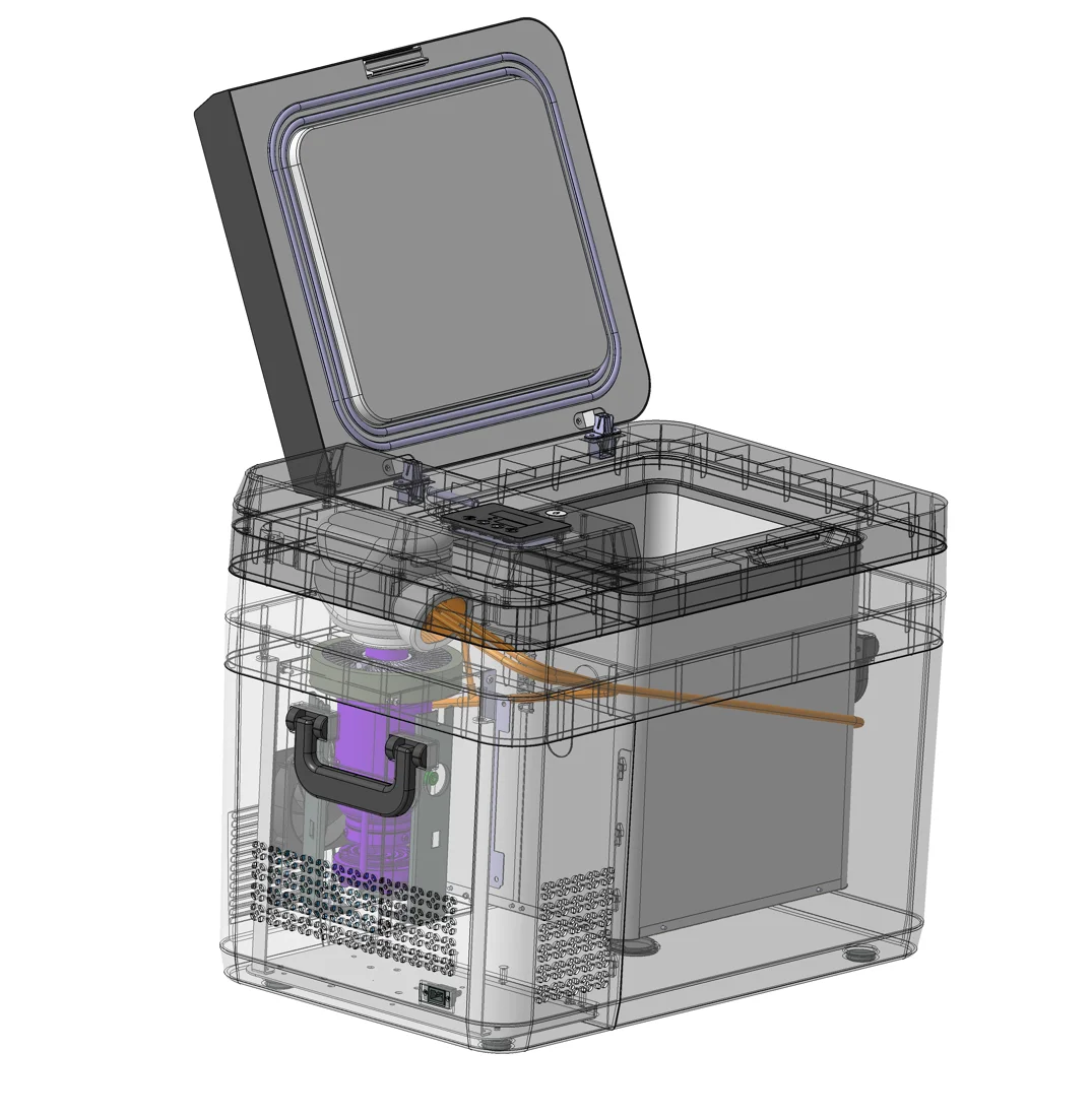 Cutaway view showing the internal layout of the portable ultra-low temperature freezer, including the Stirling cooling engine, thermosiphon and cold wall liner